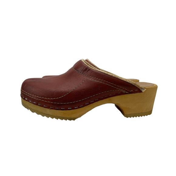Olaf Daughters Vintage 70s Rusty Brown Leather Swedish Wooden Clogs Size 37 - Picture 2 of 9